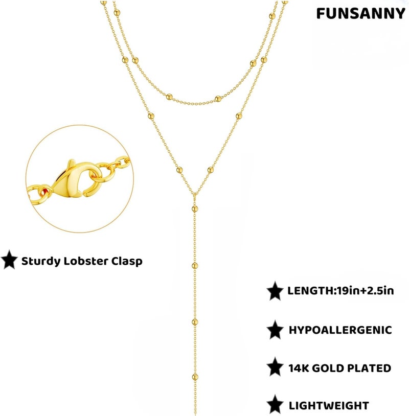 Funsanny Store Lariat Necklaces for Women - Dainty Long Necklace Trendy 14K Gold Plated Hypoallergenic Layered Long Y-Shape Sunburst CZ T-Bar Pendant Drop Chain Necklace Set for Women Non Tarinsh Jewelry - Image 4